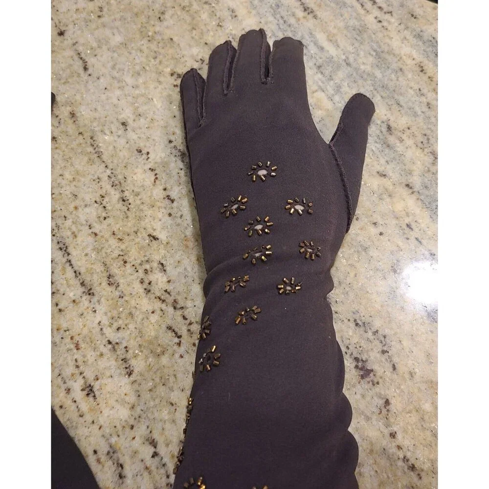 Vintage Size 6.5 M Brown Gold Flower Beaded Stretch 13.5